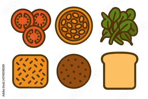 Stylized collection of six food ingredients: tomato, beans, spinach, cracker, patty, and bread slice