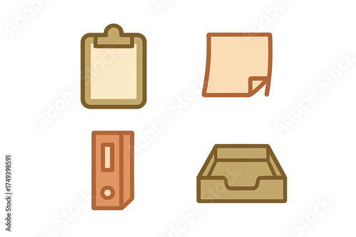 Essential office and business organization items including clipboard, sticky note, binder, and inbox tray