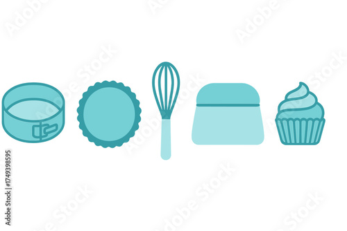 Baking tools and dessert set featuring whisk, cake pan, scraper, and frosted cupcake
