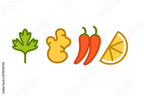 Fresh culinary ingredients set with parsley, ginger, chili peppers, and lemon wedge