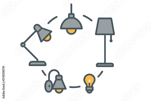 Set of various indoor lighting fixtures including desk, ceiling, floor, and wall lamps