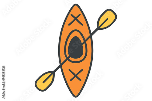 Overhead view of an orange kayak and yellow paddle for summer water recreation and adventure