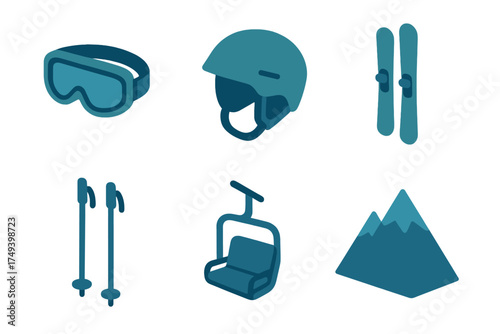 Essential winter sports equipment and mountain landscape elements in an isometric style
