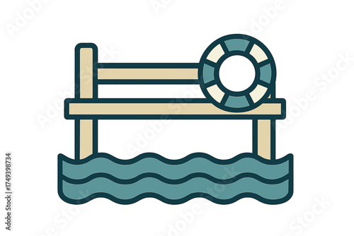 Wooden dock extending over wavy water with a life preserver ring hanging from the railing