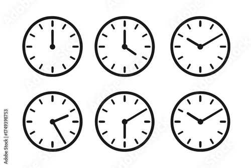 Set of minimalist analog clock icons showing different time intervals