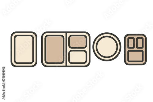 Collection of empty compartmentalized food trays and serving containers in various shapes and sizes