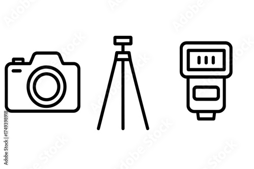Set of professional photography equipment icons: digital camera, sturdy tripod, and external speedlight flash