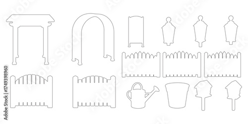 CAD Drawings. Outline Set of fencing and boundary elements outline. Includes wooden fence, wire fence, metal railing, garden gate etc. Vector illustration.