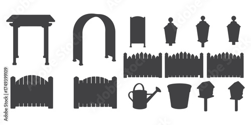 CAD Drawings. Silhouette Set of fencing and boundary elements outline. Includes wooden fence, wire fence, metal railing, garden gate etc. Vector illustration.