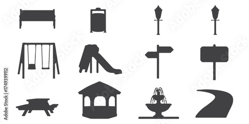 CAD Drawings. Silhouette Set of Common Park and Outdoor Recreational Elements, including a Bench, Trash Can, Street Lights, etc. Vector illustration.