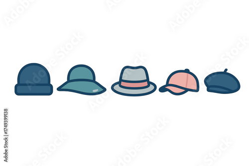 Variety of stylish headwear accessories featuring five distinct hat types in a row
