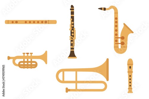 Collection of wind instruments including saxophone, trumpet, clarinet, flute, and trombone