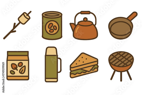 Set of icons showing essential equipment and food for camping and outdoor picnics