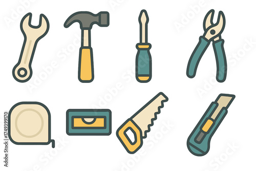 Essential set of construction and repair hand tools including hammer, wrench, saw, and screwdriver