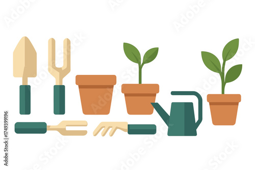 Essential gardening tools and potted plants for home horticulture and spring planting activities