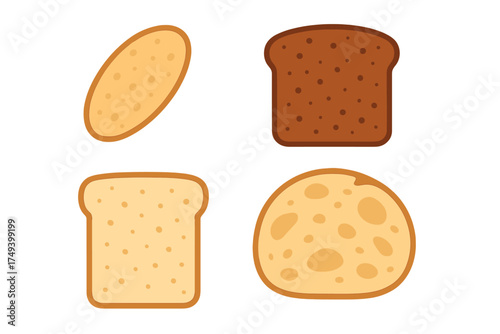 Assortment of different bread types including white toast, dark rye slice, oval, and round loaves