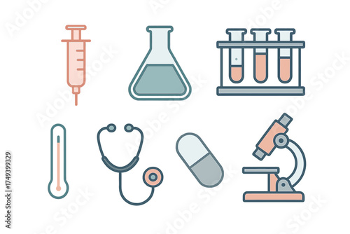 Essential medical and laboratory science tools featuring syringe stethoscope and microscope