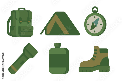 Essential camping and hiking gear set including backpack, tent, compass, flashlight, and boot