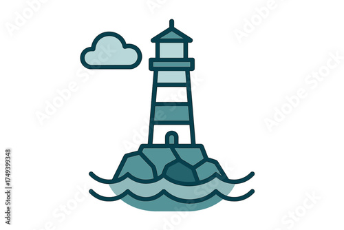 Stylized nautical lighthouse icon standing on a rocky outcrop surrounded by ocean waves
