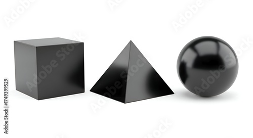 Geometric Shapes - Cube, Pyramid, and Sphere in Black.