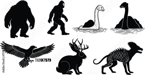 Black and white vector illustration of mythical cryptid creatures including Bigfoot, Loch Ness Monster, Thunderbird, Jackalope, and Chupacabra folklore icons