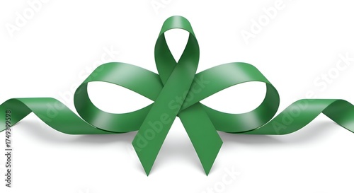Green Ribbon Symbolizing Awareness and Support on White Background.