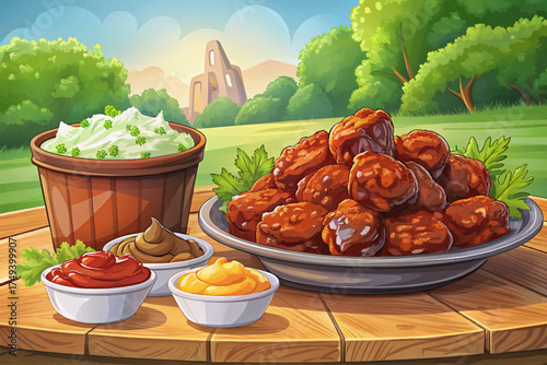 Kansas City burnt ends barbecue with smoky sauce and coleslaw, rich flavor of Midwestern cuisine