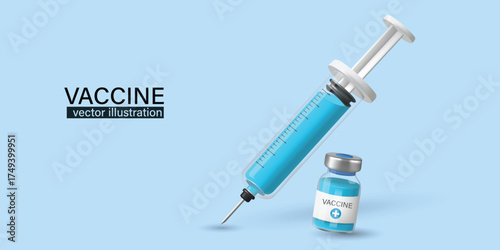 3D vector illustration of a medical syringe filled with blue liquid next to a vaccine vial on a light blue background. Concept for vaccination, immunization, global health, virus treatment, and medica