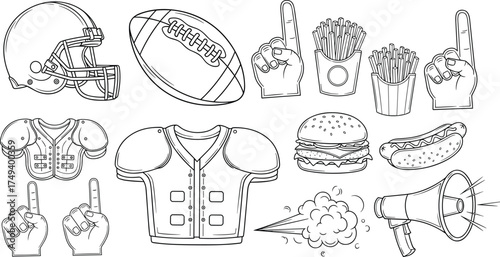 American Football Stadium Icons with Helmet, Ball, Shoulder Pads, Foam Fingers, Fast Food, Megaphone, Comic Bubble – Vector Line Art