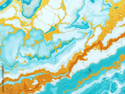 The mesmerizing abstract art features light blue and white waves elegantly accented with shimme gold, creating a luxurious and fluid marble effect pattern.