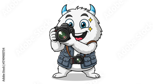 Cartoon yeti taking a photo with a DSLR camera, wearing a vest.
