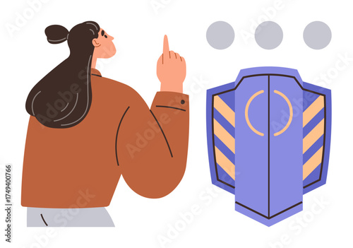 Young woman pointing upward beside a security shield, emphasizing protection and awareness. Ideal for cybersecurity, safety, technology, trust, innovation, strategy, simple flat metaphor