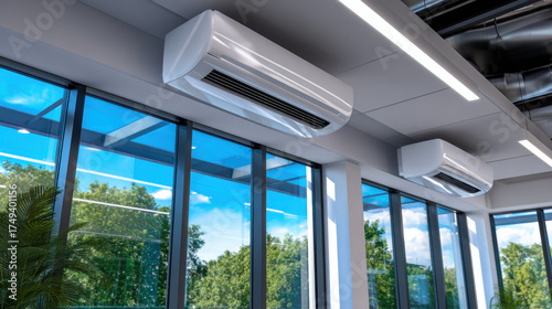 Modern office interior with sleek air conditioner system on ceiling for cooling and climate control, offering peaceful view of nature through large glass window