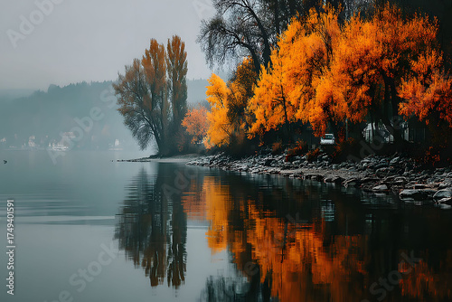 Serene Autumn Landscape with Reflective Lake and Vibrant Foliage for Seasonal Design