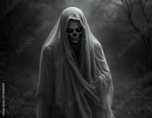 Isolated ghost figure with draped sheet halloween scary character in black and white style halloween costumes costume illustration holiday cartoon party zombie 