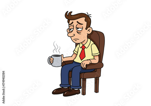 Exhausted cartoon businessman sitting in a chair holding a coffee mug.