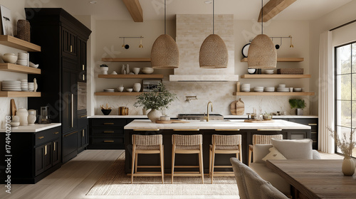 a modern farmhouse kitchen with black cabinets, a light wood island top, and white oak flooring. a large central island has an oversized wicker pendant hanging above it, surrounded by woven chairs. th