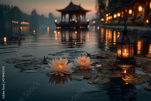 Tranquil Evening on Water Lily Pond with Lanterns and Pagoda Reflections