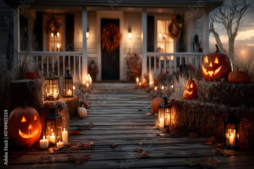 Halloween Front Porch with Carved Pumpkins and Lanterns at Dusk Design for Seasonal Decor