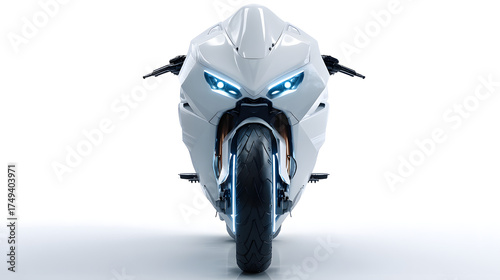 Sleek futuristic white sport motorcycle with glowing blue headlights on a clean white background
