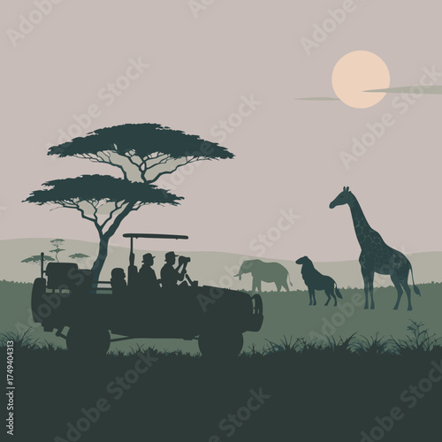 Safari adventure with tourists in a jeep observing wild animals.