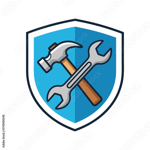 Shield with crossed hammer and wrench representing repair and maintenance services.