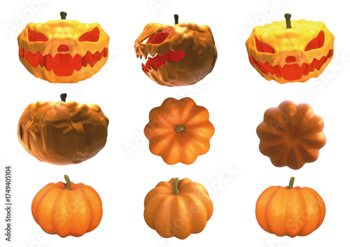 Halloween isolated vector assets of pumpkins and Jack-o'-Lantern some direction views created by  3D modeling.