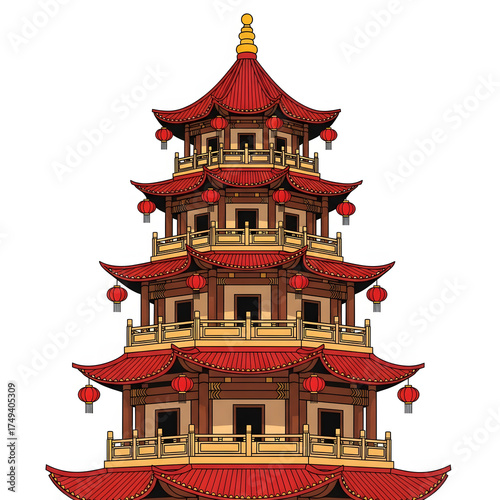 Pagoda with lanterns isolated on white