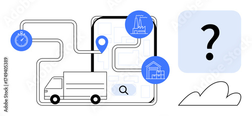 Delivery truck follows mapped route with factory, home icons, magnifying glass, and stopwatch. Ideal for logistics, delivery, navigation, supply chain transport planning mapping efficiency. Simple