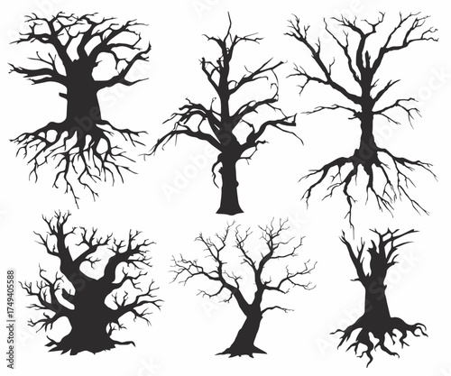 Black trees silhouette Halloween tree silhouette dry tree silhouette Ghost tree with scary face for Halloween card decoration Naked trees silhouettes set. Hand drawn isolated illustrations
