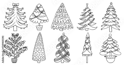 Christmas trees set. Different kinds of decorated Christmas trees vector sketch set