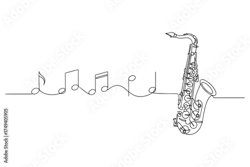 saxophone with musical notes,
Saxophone Line Drawing,
Continuous Single Line Art with Flowing Musical Notes on White Background, Elegant Modern Music Illustration