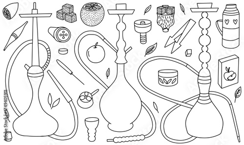 Hand-drawn hookah set. Various hookahs and smoking elements vector set