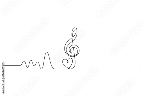 vector illustration of an abstract music background,
Treble Clef with Heart Continuous Line Art,
Elegant Black Line Drawing on White Background